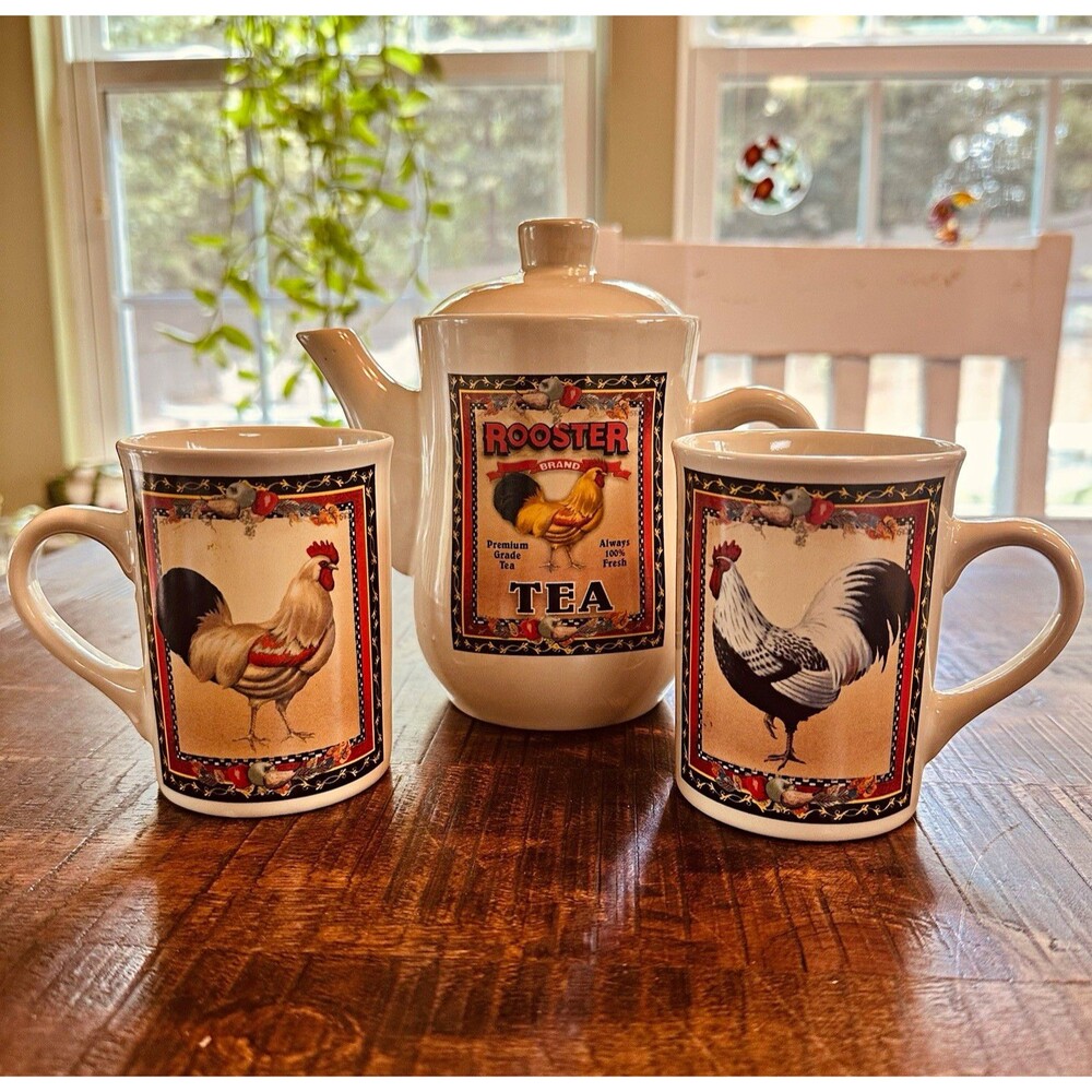 Bay Island Inc. Rooster Brand Ceramic Tea Set-Teapot with Lid & 2 Matching Mugs